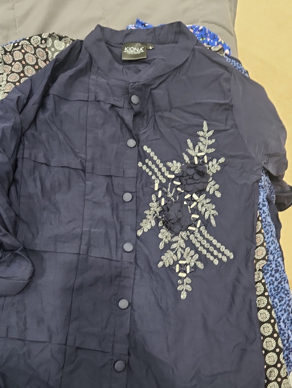 Kinona Navy Button-Front Jacket with Silver Floral Embroidery